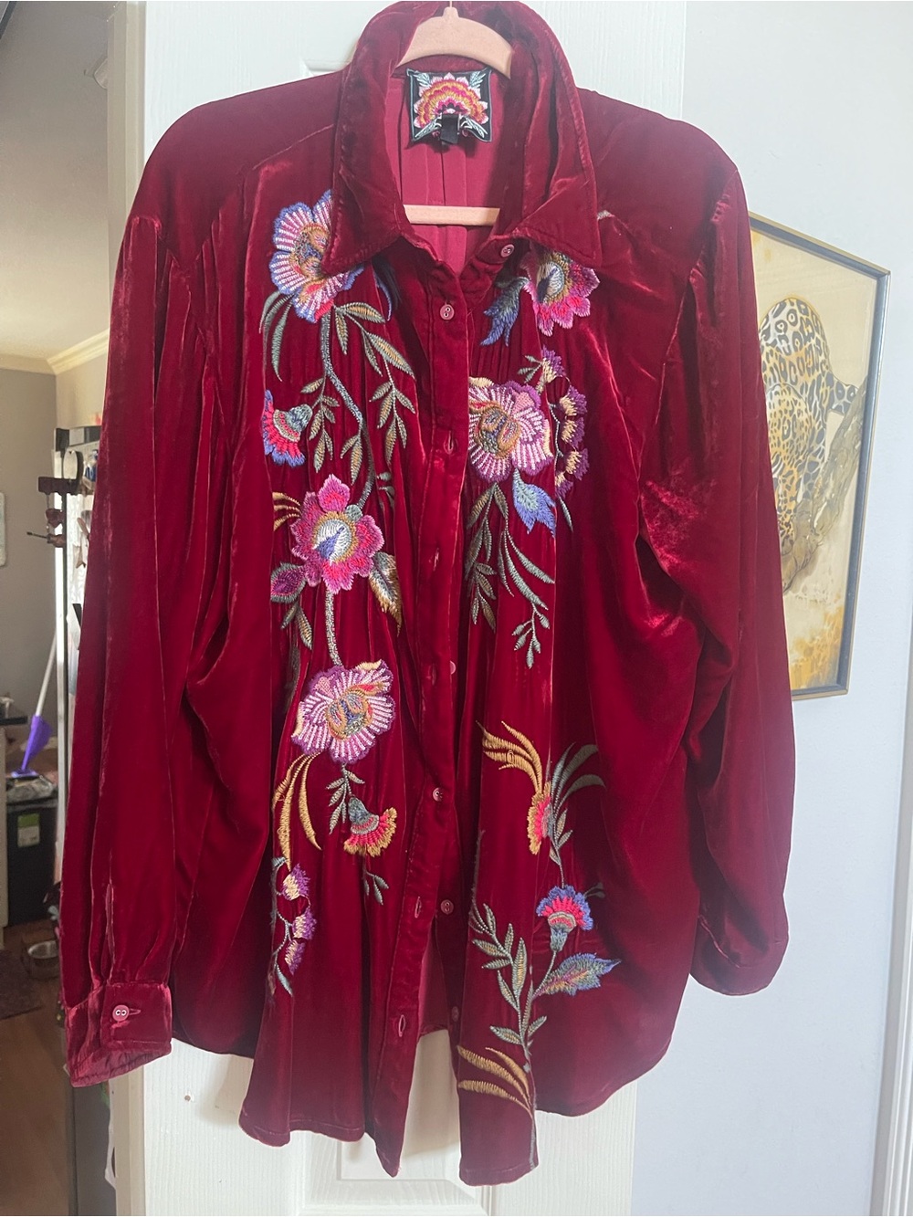 Johnny Was Deep Red Velvet Button-Down Shirt with Multicolor Floral Embroidery